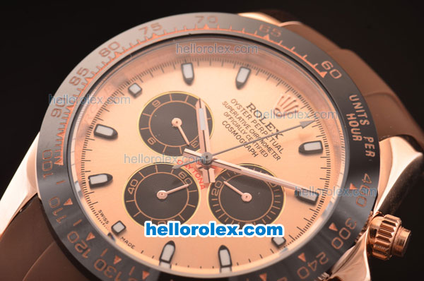 Rolex Daytona Asia 3836 Automatic Rose Gold Case with PVD Bezel - Brown Dial and Brown Rubber Strap - 7750 Coating - Click Image to Close